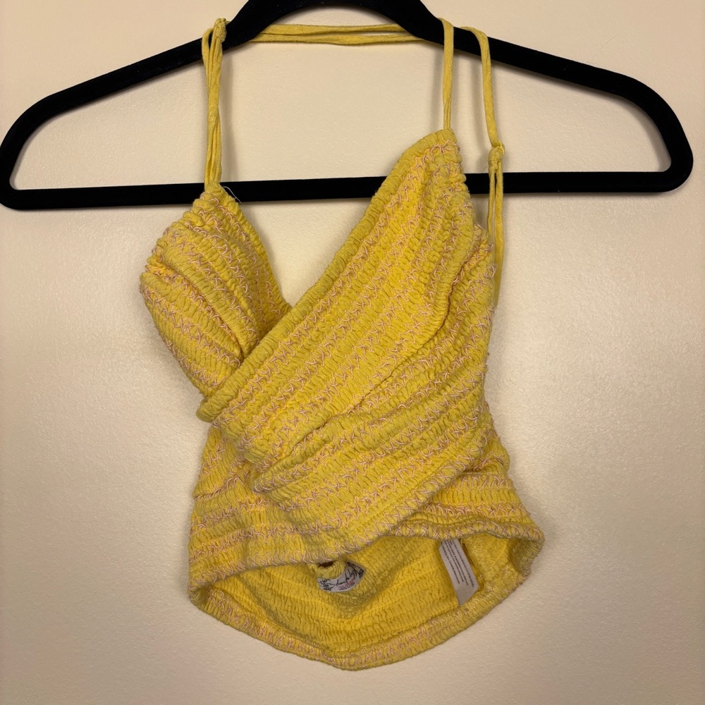 FREE PEOPLE Intimately Yellow Wrap Crop Top Size XS Halter Smocked Summer Beach